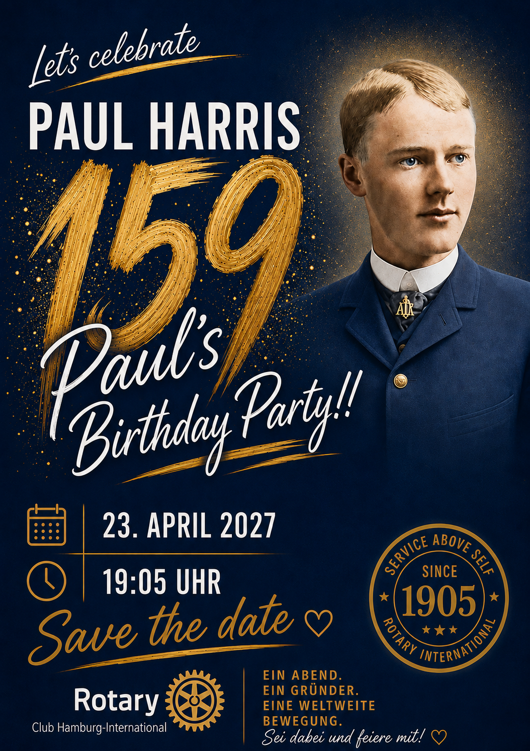 Event artwork: Paul Harris 159th birthday party, 23 April 2027, 19:05